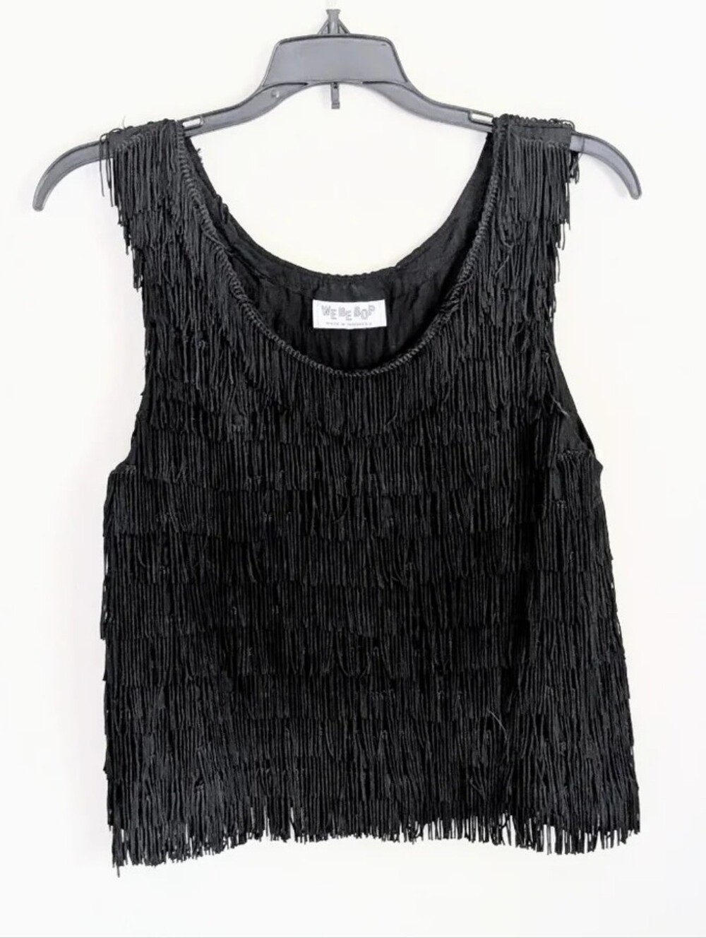 90s Vintage Flowy Flapper Silky Fringe Black Gothic Boxy Tiered Tassel Top